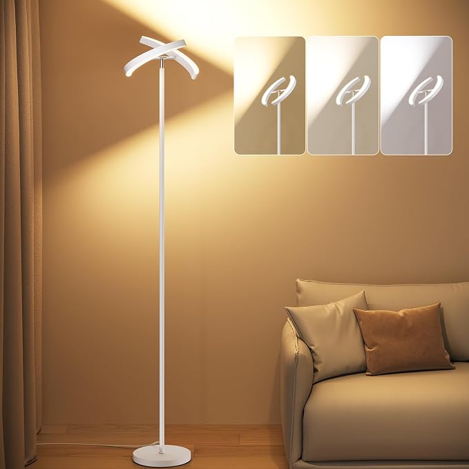 SUNMORY Floor Lamp for Living Room, 28W Bright LED Lamp with Remote Control | 1600lm Dimmable Rotatable Standing Lamp, 74" Tall Modern Reading Torchiere Uplighter Lamp for Bedroom Office Corner, White