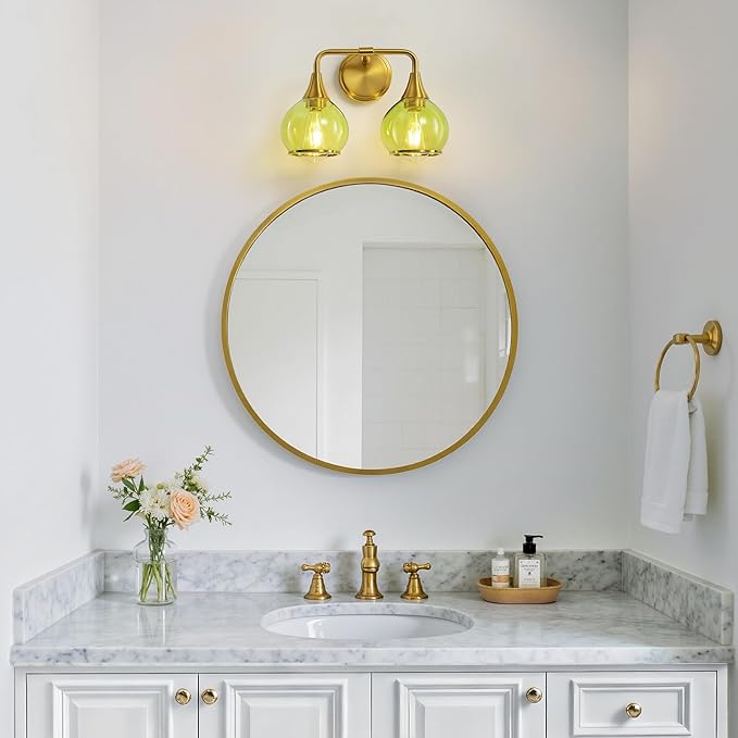 Brushed Gold Bathroom Vanity Light 2-Lights Bathroom Light Fixtures Over Mirror with Green Clear Glass Shade 14 inch Wall Sconce Lighting Bath(Exclude E26 Bulb)