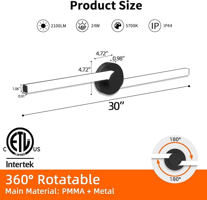 Bathroom Lighting Fixtures Over Mirror: 30 Inch Rotatable Bathroom Vanity Light ETL Listed - Modern Black Vanity Lighting Fixtures 5700K Cool White 3000LM 36W IP44 - LED Vanity Light Dimmable(1 Pack)