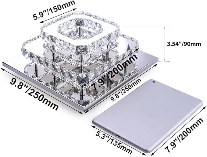 FRIXCHUR Crystal Ceiling Light Square Chandelier Modern LED Flush Mount 2 Layers Ceiling Lamp Lighting Fixture for Dining Room Living Room Bedrooms Kitchen Hallway Foyer (Cool White)
