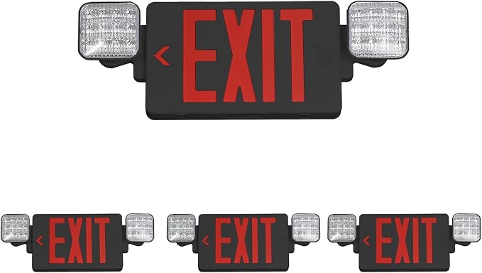 Black Red LED Exit Sign Emergency Light Combo, UL Listed Battery Backup | UL-listed commercial fire exit sign features 90-min battery backup, 360° rotating dual heads, and easy dual-mount setup.