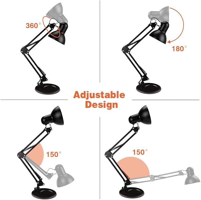 PowerKing Metal Swing Arm Desk Lamps, Adjustable Architect Lamp, Black | Metal Material, Adjustable & Flexible, Fits E26 E27 Bulbs, 2-in-1 Design, Eye-Caring Reading Light, for Home & Office