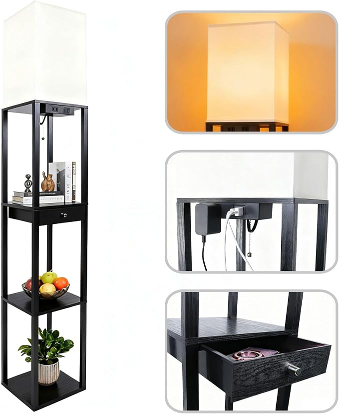 Shelf Floor Lamp with 1 Drawer,2 USB-C Ports,1 AC Outlets, Modern Wood Floor Lamp with Storage, Corner Display Standing Lamp for Living Room, Bedroom, Office