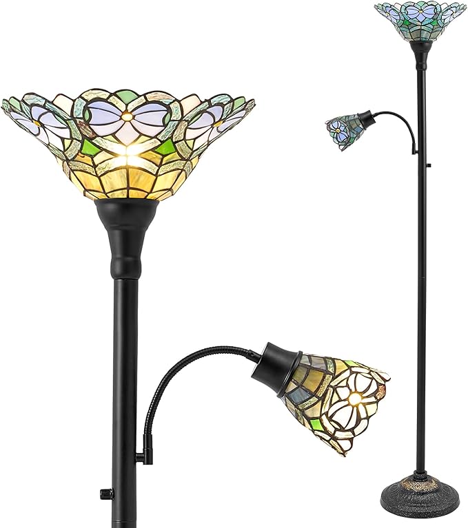 Luvkczc Tiffany-Style Floor Lamp, Stained Glass Lamp Victorian Style with Adjustable Gooseneck Reading Lamp – 70" Tall Torchiere Floor Lamps for Living Room