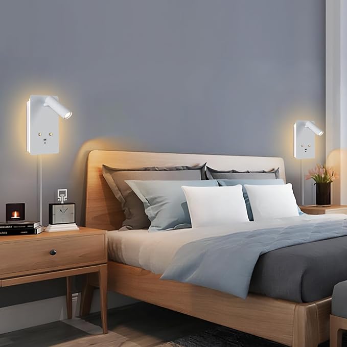 ZEROUNO Wall Mounted Reading Light Set of 2,Dimmable Adjustable Headboard Plug in Wall Sconce with USB A+C Ports,Touch Control Wall Light for Bedroom Bedside Lamps