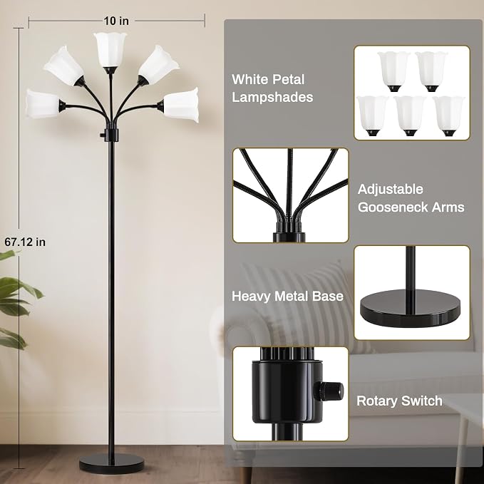 Medusa LED Floor Lamp, Multi Head Modern Tall Lamp with Adjustable Gooseneck Standing Lamps for Living Room Bedroom Kids Room Office 5 White Lampshades Bulb Not Included(Black)