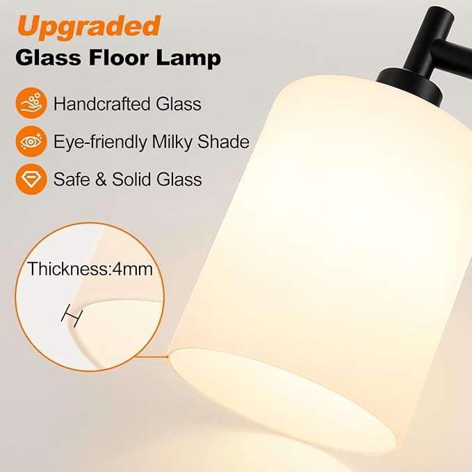 【Upgraded】 Dimmable Floor Lamp for Living Room with Opal Glass Lamphade, Black Modern Glass Floor Lamp with 900LM LED Bulb Included, Arc Standing Tall Lamp for Bedroom, Office, Reading Room, Corner