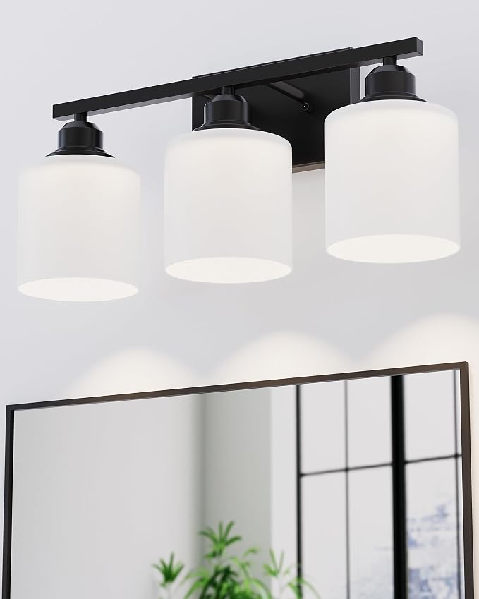 3-Light Bathroom Vanity Light, Anti-Rust Matte Black Bathroom Light Fixtures Over Mirror, Modern Bathroom Lights Wall Mount with Milky White Glass Shades, E26 Base Vanity Lighting