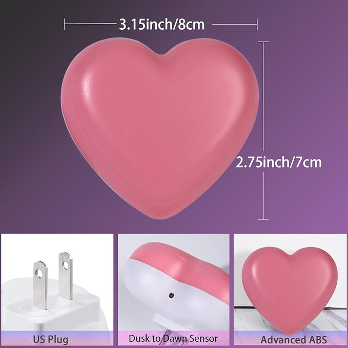 INZU Cute Night Light, Heart Night Light for Kids, LED Nightlight with Auto Dusk to Dawn Sensor, Nightlight Plug into Wall with Soft Warm Light for Bedroom, Nursery, Bathroom, Hallway (Pink 2Pack)