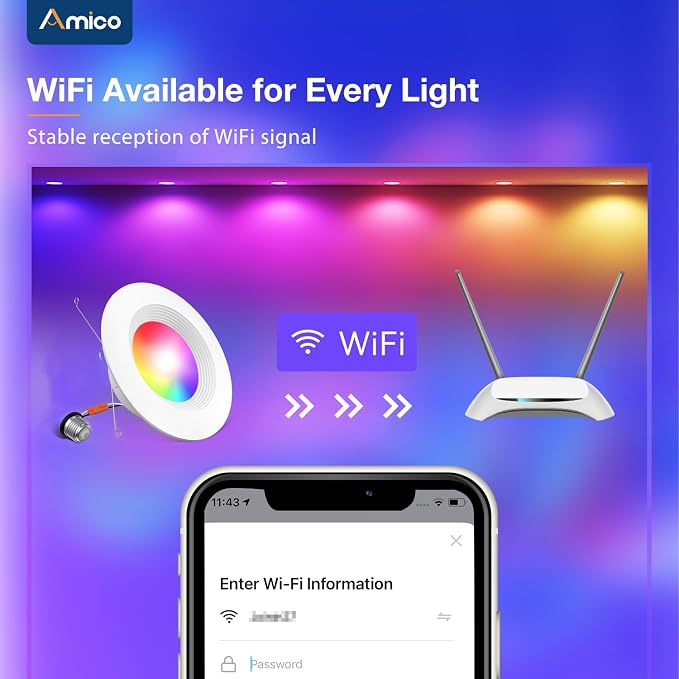 Amico 6 Pack 5/6 Inch Smart WiFi LED Recessed Can Lights, IC & ETL | 12W=110W 1100LM, RGBCW Color Changing Retrofit Recessed Lighting, Baffle Trim, APP Control, Dimmer Compatible