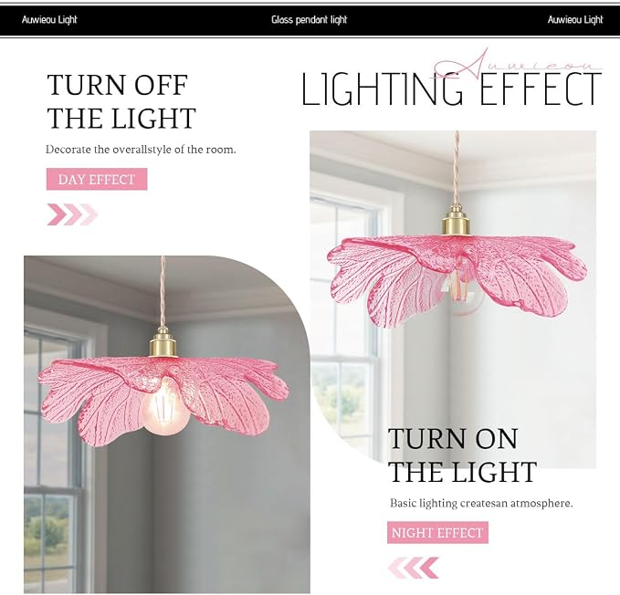 Art Decor Leaf Pendant Light Modern Hanging Ceiling Light Large Vintage Retro Pendant Lights 15.75" Pink Glass Shade for Kitchen Island Dining Room Entryway
