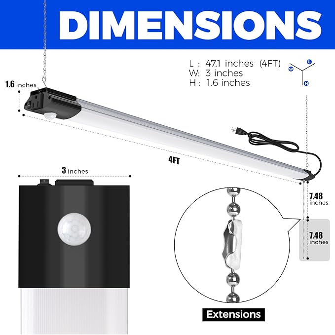 Barrina BS84 Motion Sensor LED Shop Light for Workshop 4FT, Garage Lights Plug in Fixtures, 84W, 5000K, 10000LM Motion Activated, Linkable & Hanging or Flush Mount, 4 Packs