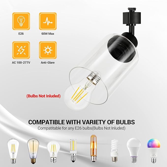 J Type E26 Track Lighting Heads, Clear Glass Shade, 4 Pack, Black | Track Light Fixtures for Kitchen and Accent Lighting | No Bulbs Included | Compatible with J Track Rails