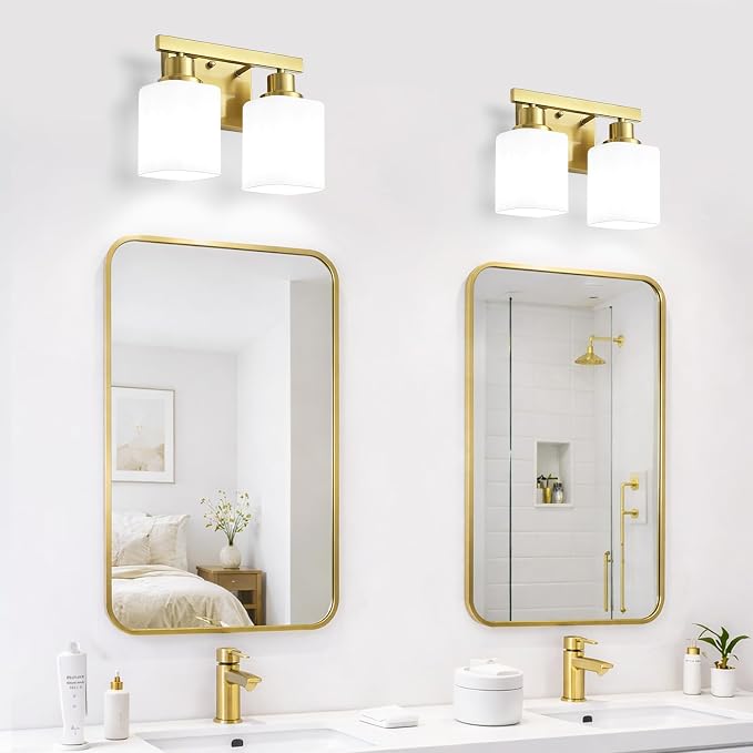 2 Light Gold Bathroom Light Fixtures,Brushed Gold Vanity Light with Clear Glass,Gold Bathroom Vanity Lights Over Mirror,Wall Sconces for Living Room,Bedroom,Hallway(E26 Base)