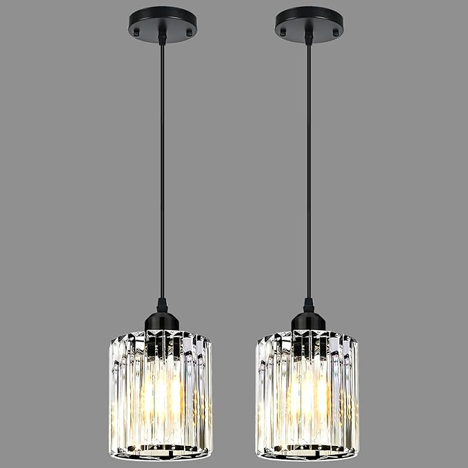 Black Pendant Lights for Kitchen Island, Elegant Modern Island Lights for Kitchen with Crystal Glass – Luxury 2 Pack Pendant Lights for Kitchen Island, Dining Table, Entryway, Restaurant