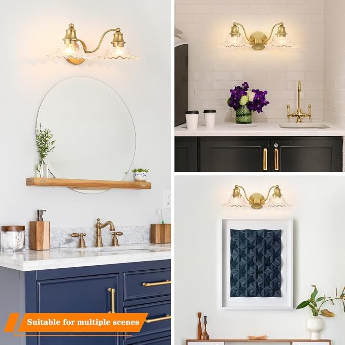 Bright Brushed Gold Bathroom Vanity Light Vintage Style, E26 Easy Mounted | Vanity Light with Flower Glass Shades, 18" Wide Bathroom Lighting Over Mirror, Easy Mounted for Bathroom, Bedroom, Hallway