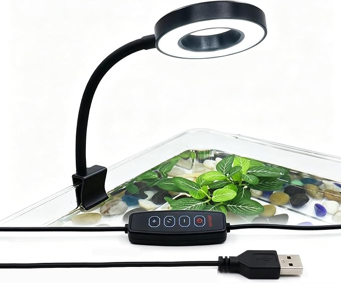 Small Aquarium Light Clip on Fish Tank Light LED USB Full Spectrum Light with Dimmer Multi-Color White+Blue+Red for 1-5 Gal Betta Tank (Adapter NoT Included, No Timer)