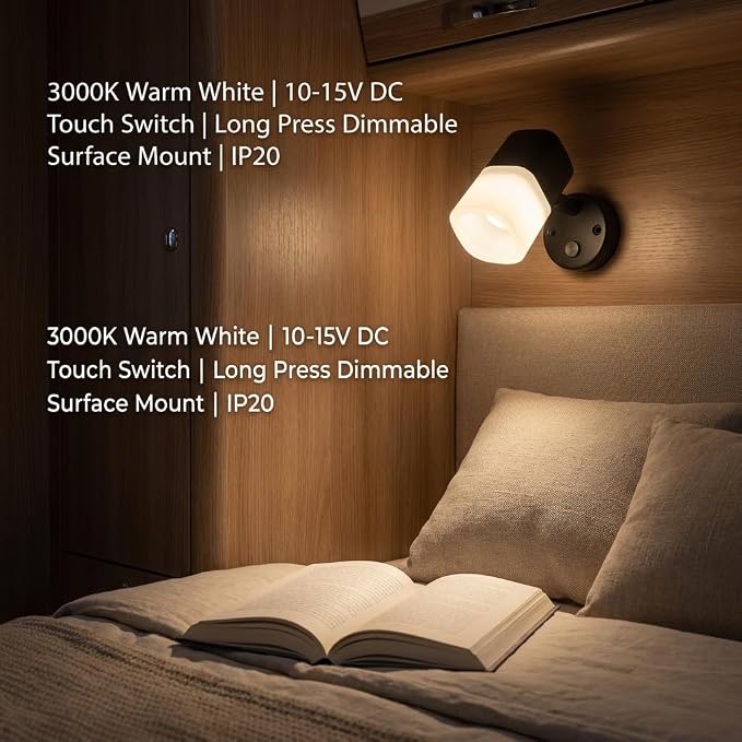 12V RV Wall Light 2 Pack, LED Bedside Reading Lamp with USB & Type-C Charging Ports, Warm White 3000K–3200K, Adjustable Interior Light for Camper, Trailer, Motorhome
