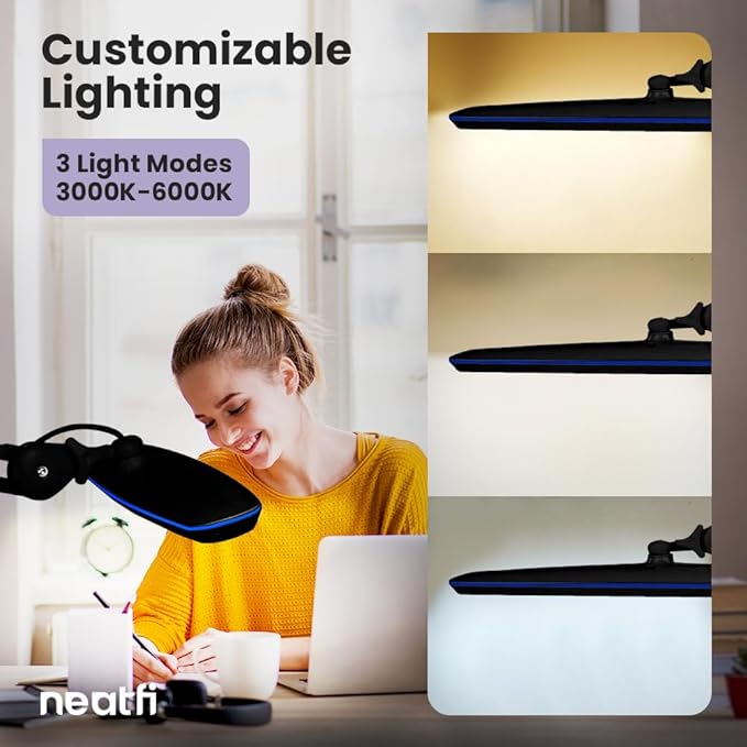 Neatfi XL 2,200 Lumens 20W LED Task Lamp – 23” Ultra-Wide Head | 182 SMD LEDs | 4 Brightness Levels | 3 Light Modes | Eye-Caring, Glare-Free | Adjustable Arm (CCT with Clamp, Black)