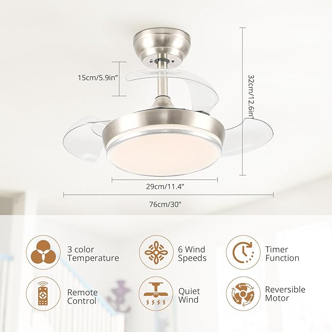 STERREN 30" Retractable Ceiling Fans with Lights, Dimmable LED Ceiling Fan Remote Control, Modern Small Fan Light for Bedroom Living Room Dinning Room Kitchen, 3000K-6500K, 6 Speed (Brushed Nickel)