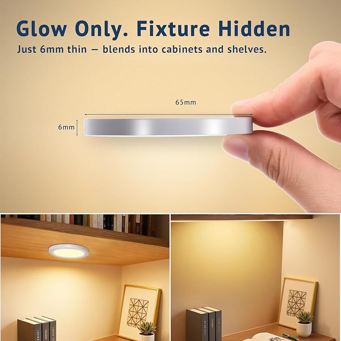 V4light Wired LED Puck Lights, Under Cabinet Lighting Touch Dimmer, 6 Pack | Ultra-Thin 6mm Dimmable, 2700K-6500K, Plug-In Powered, Easy Install, for Kitchen, Pantry, Closet, Counter & Display