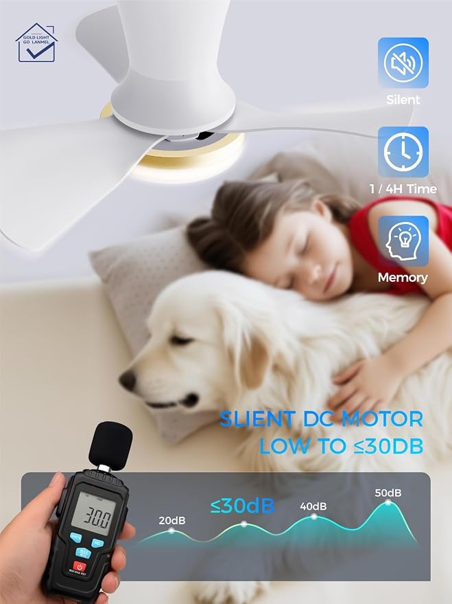LANMEL Metal Ceiling Fan with Lights and Remote, 22 Inch, Gold & White | Modern Low Profile Flush Mount, Reversible, 3CCT Dimmable, Quiet, LED, For Bedroom, Living Room, Indoor/Outdoor Patio Use