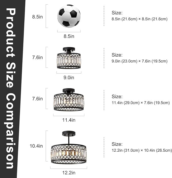 Crystal Ceiling Light Fixture, Modern Semi Flush Mount Ceiling Light, Black Lighting Fixtures Ceiling Lamp for Hallway, Kitchen, Entryway, Bedroom, Laundry Room, 9.05 Inch