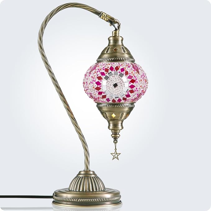 Yarra-Decor Turkish Moroccan Lamp with Bronze Base 3 Color Options Handmade Swan Neck Mosaic Glass Bedside Lamps for Bedroom (LED Bulb Included)(Red1)