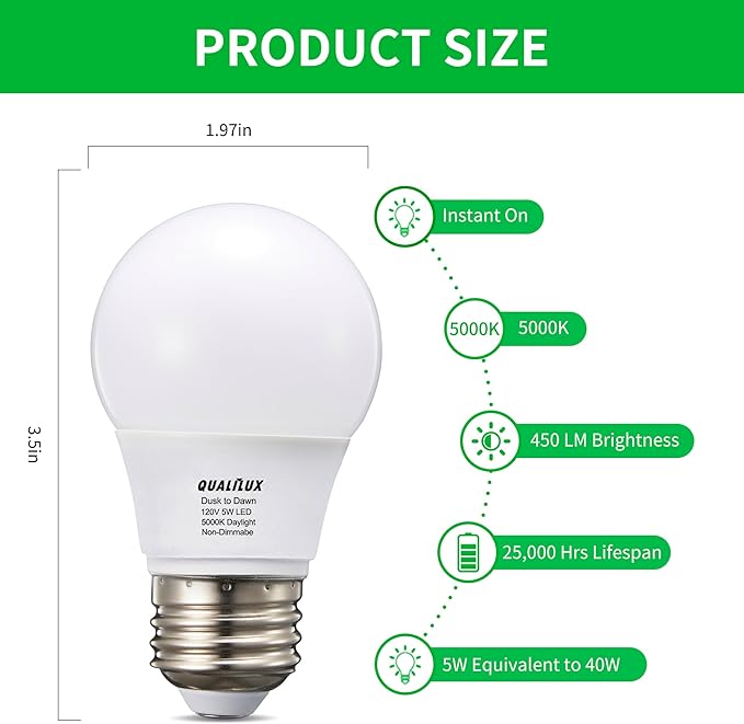 Dusk to Dawn Light Bulbs, Auto On/Off Light Sensing LED Bulbs Outdoor, Daylight, Small A15 4-Pack, 5W 450LM 40W Equivalent, HQ-H031
