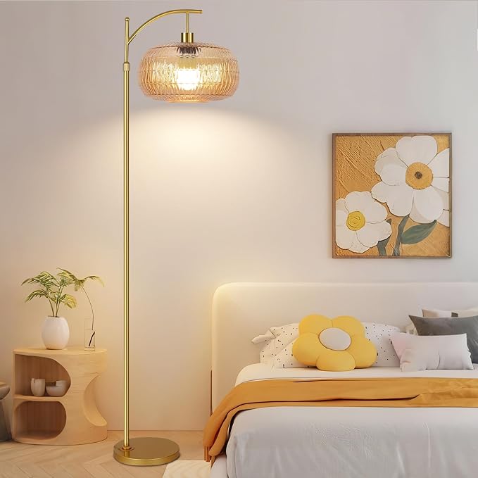 ILLMTW Glass Floor Lamp for Living Room,Bedroom,Gold Mid Century Modern Standing Lamp with Remote,Dimmable Brass Tall Lamp Amber Lamp Vintage Retro Arc Floor Lamps Floor Light Boho Bohemian