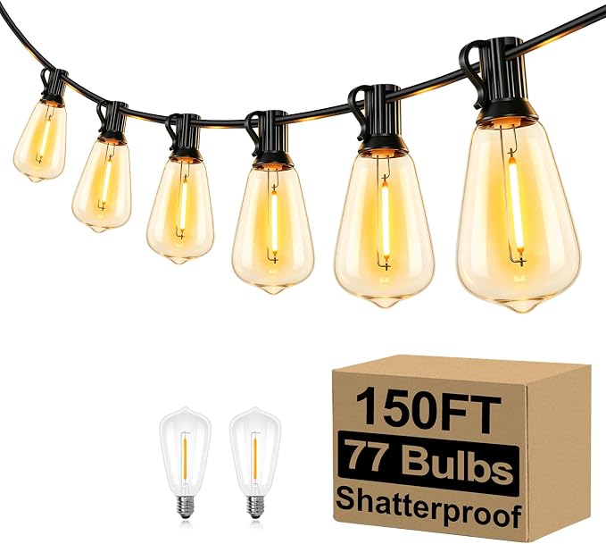 150FT Outdoor String Lights 77 Bulbs, 2200K Amber Lights | 2 Spare ST38 Edison Bulbs Dimmable, Connectable Plug-in LED Patio Lights for Outsiede, Cafe, Wedding, Christmas