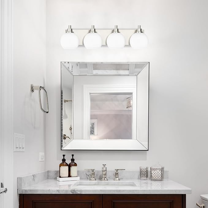 IZORRO Bathroom Light Fixtures, 4-Light Brushed Nickel Vanity Light, Modern Wall Sconces with Globe Milk White Glass Shade, Vanity Lighting Fixtures Over Mirror,E26 Bulb Socket