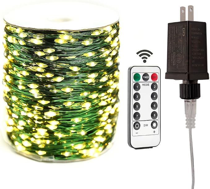 Green Wire Fairy Lights Plug in 100FT High Bright 300 LED Waterproof LED String Lights with Remote Warm White for Christmas Tree, Patio, Garden, Backyard