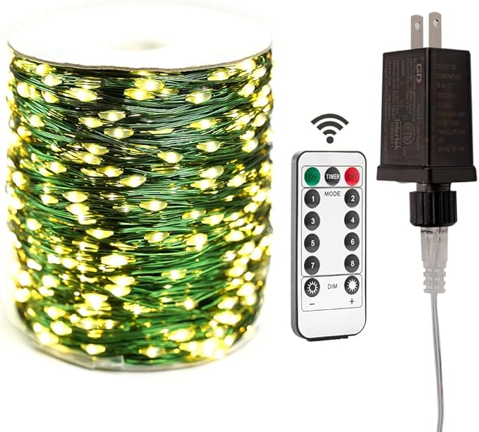Extra Long Green Wire Fairy Lights Plug in 660FT High Bright 2000 LED Waterproof LED String Lights with Remote Warm White for Christmas Tree, Patio, Garden, Backyard