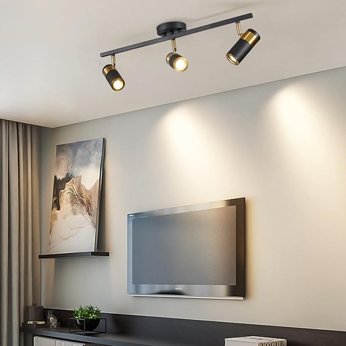 3-Light Track Lighting, Black Ceiling Spot Lighting with Rotatable Light Head & GU10 Bulbs, Indoor Spotlight Fixtures for Living Room Hallway Studio