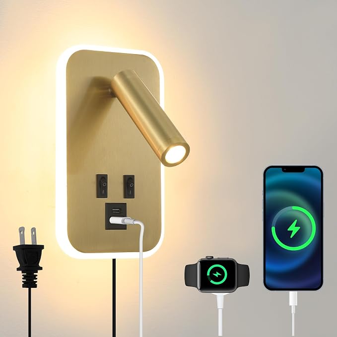 Wall Sconce Plug in with Wall Mounted Reading Lights,Modern Wall Lamp for Bedroom with Charging Station USB C+A Ports,Headboard Bedside Lamps with 3W+9W Night Light,3 Color Temperature