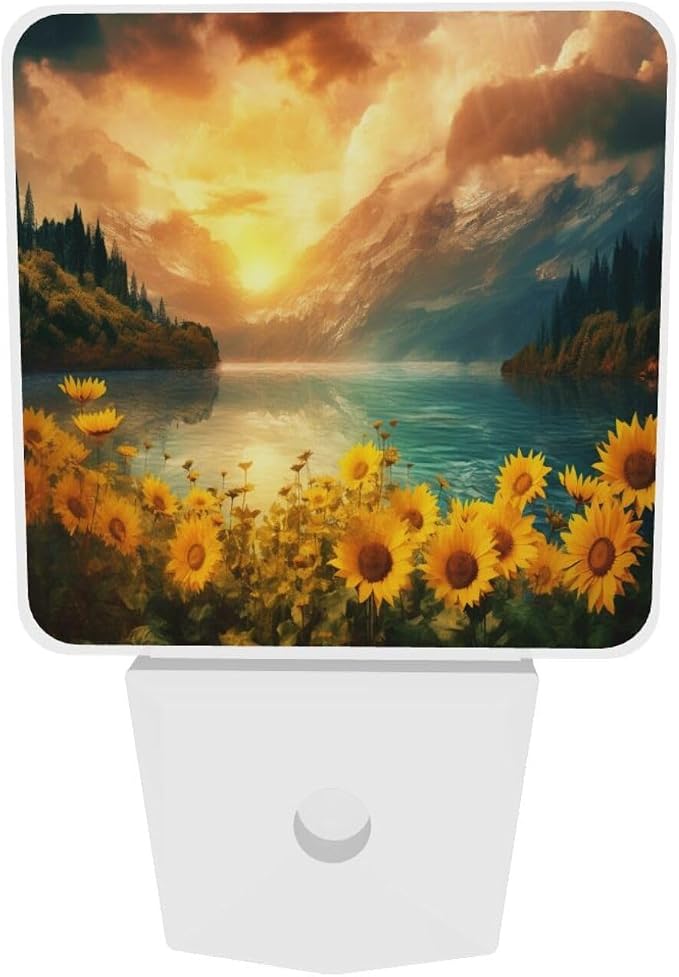 Sunflower Sun LED Plug-in Night Light 2-Pack, Auto Sensor Floral Nightlights Set of 2 for Bedroom Bathroom Stairs