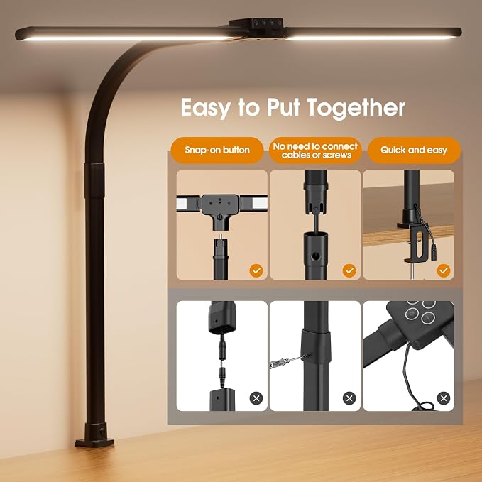 LED Desk Lamp for Home Office - Dimmable Computer Desk Light with Clamp, Modern Architect Task Lamp with Color Changing, Flexible Desktop Lamp with Gooseneck for Monitor, Double Head, Black