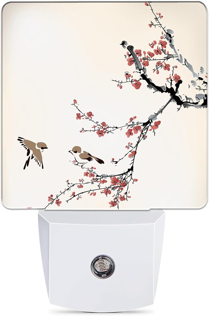 Retro Bird Night Light, Cherry Blossoms Night Lights Plug into Wall Decor for Bedroom, Bathroom, Hallway, Kitchen, Dusk to Dawn Sensor Nightlights for Boys Girls Women Men Room Gifts
