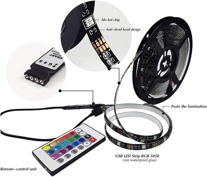 RGB Led Strip 16.4ft,5V USB Colorful 30LED S/M SMD 5050 Flexible Lights for TV Backlight Room Decor，with 24 Keys Remote Controller