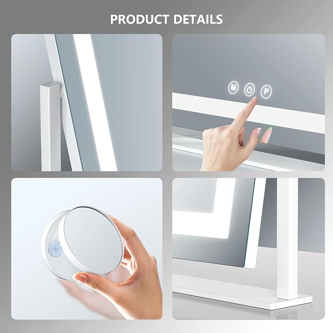 Gvnkvn Vanity Mirror with Lights, 17.3’’ LED Makeup Mirror Detachable 10X Magnification, Smart Touch Control, 3 Color Lighting Modes,360°Rotation Tabletop Make Up Mirror for Bedroom Bathroom