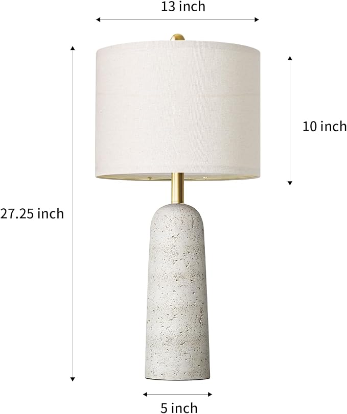 BOBOMOMO 27.25" Modern Table Lamp Set of 2, White Resin Table Lamps with Stone Look, Lamps for Living Room with Linen Shades, Bedside Lamps for Bedroom, Nightstand, Entryway