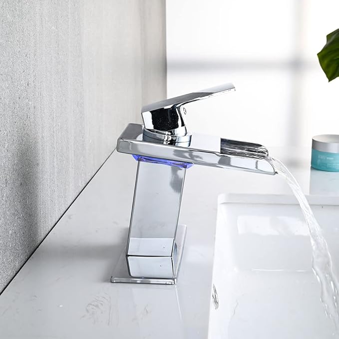 LED Bathroom Sink Faucet, Chrome Waterfall Single Hole Handle Vanity Faucets for Sinks 1 Hole with Metal Pop Up Drain and 2 Water Supply Lines, Stainless Steel Spout