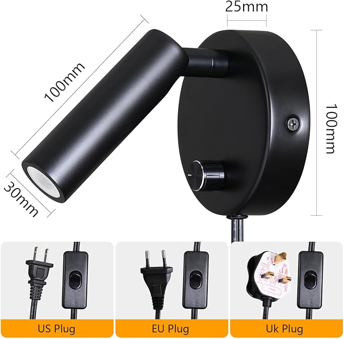 Surface Wall Mounted Reading Light Sconces Lamp Physical Knob Dimmer Switch LED 5W Warm White 3000K (Black Plug Cord)
