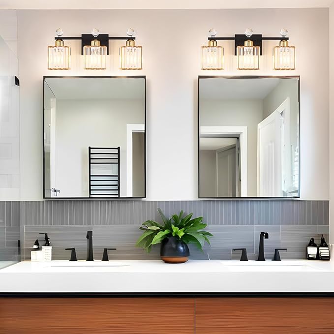 Bathroom Vanity Lights Over Mirror - Easy Installation with Clear Guide, 3-Light Shadow-Free Design, Black and Gold Crystal Finish - for Modern Home Bathroom Lighting Fixtures in DIY Projects