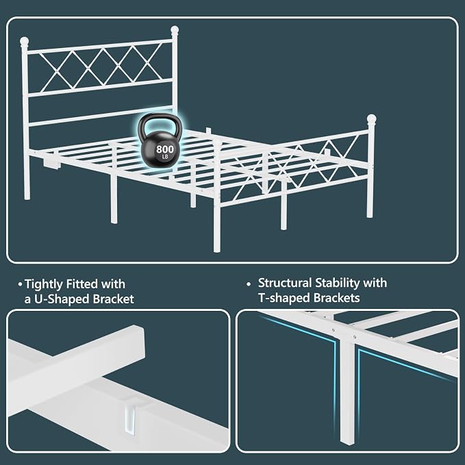 VINGLI Full Bed Frame with LED Lights & Charging Station, Metal Platform Bed Frame with Headboard, USB Ports, Under Bed Storage, Noise Free, No Box Spring Needed, Easy Assembly, White
