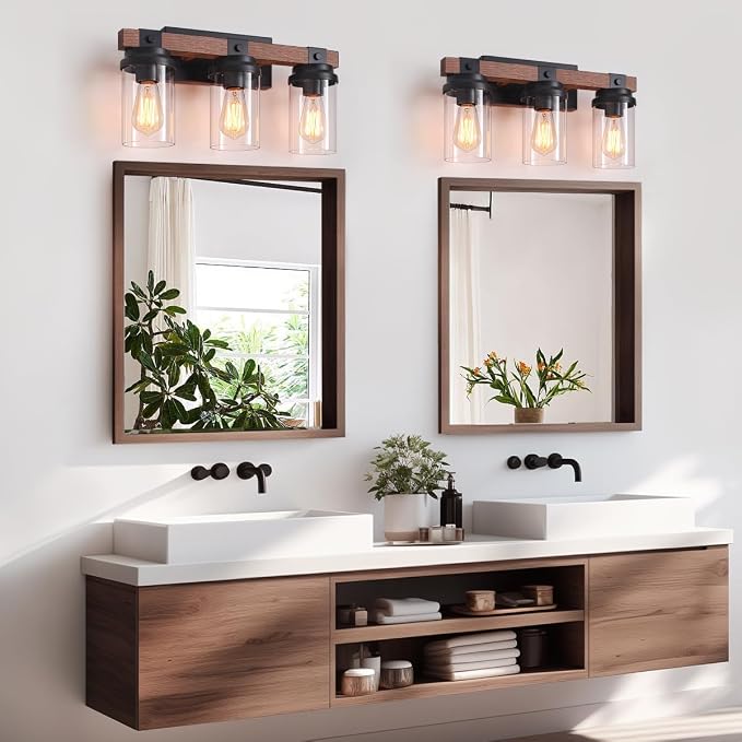 3-Light Farmhouse Vanity Lights Bathroom Lighting Fixtures Over Mirror | Faux Wood Rustic Wall Mount Light with Clear Glass Shade,Industrial Black Metal Wall Sconces for Bathroom Living Room