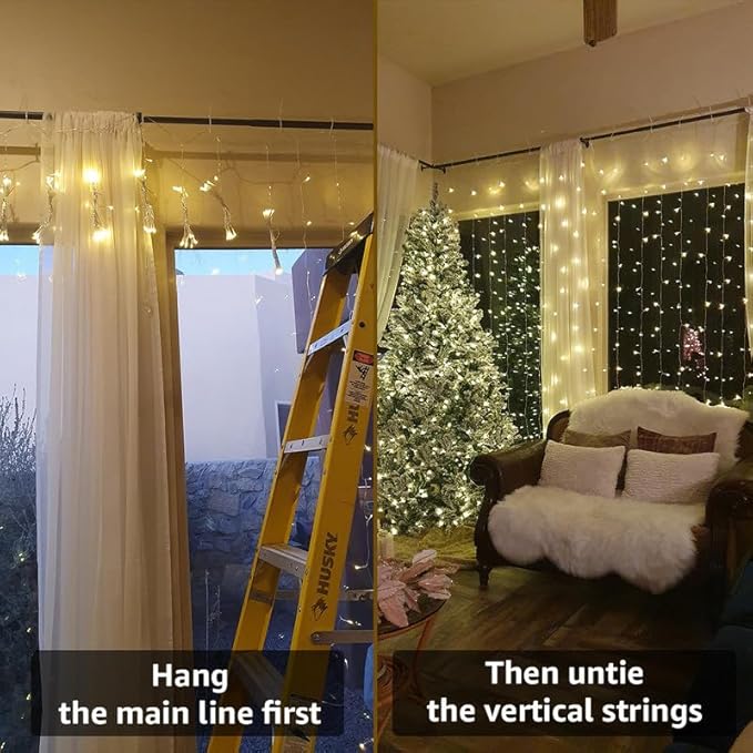 Lighting EVER 306 LED Curtain Lights, 10×10 ft Plug in Hanging Fairy Lights | 18 Hang Down String Lights, 6.9" Apart, High Density Backdrop Lights, Large Size, 8 Modes, Warm White, Not Connectable
