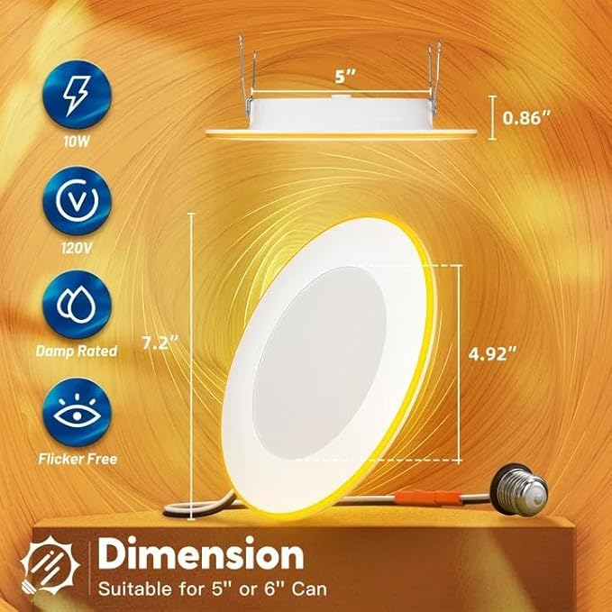 FREELICHT 4 Pack 5/6 Inch 5CCT LED Recessed Can Light with Night Light, 2700K/3000K/4000K/5000K/6000K Selectable Flat Recessed Lighting, 10W=110W, 1000LM, Dimmable Retrofit - ETL & FCC