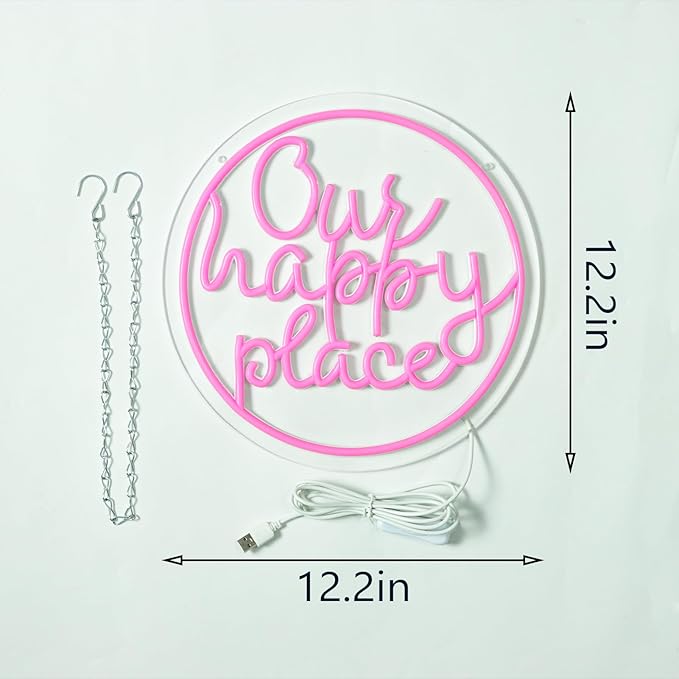 Our Happy Place Neon Sign Happy Place Neon Signs for Wall Decor，LED Signs for Bedroom Living Room Man Cave Home Bar Birthday Party Game Zone Decor Neon Classroom Signs